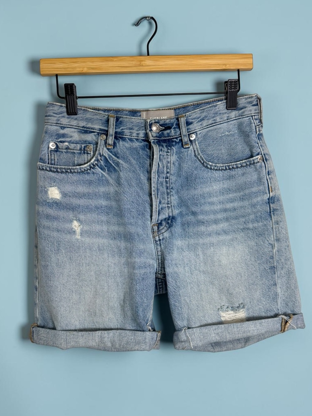 Everlane Cheeky Long Short Distressed Denim Size 26 Everyday Casual Summer Cute